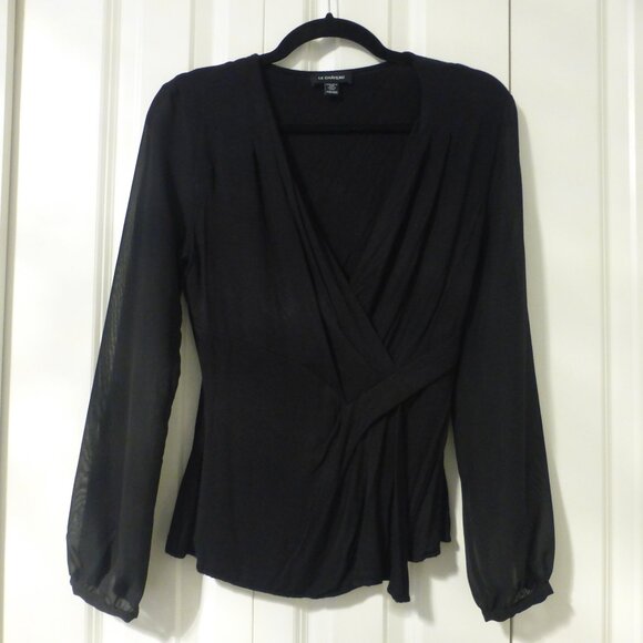 LE CHATEAU black low cut long sleeve top with semi-sheer sleeves - Picture 1 of 7